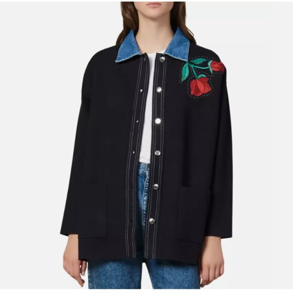 Sandro Women's Waren Embroidered Denim-Accent Cardigan Marine Size 2 (US 6) 6214